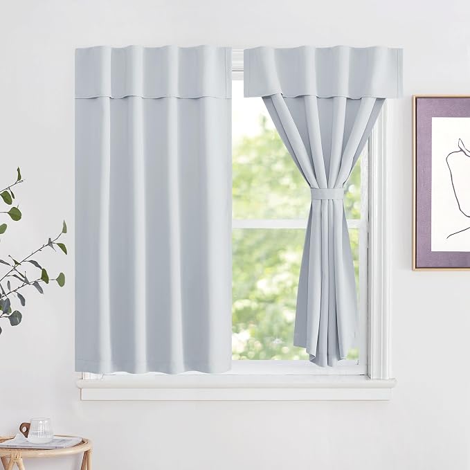NICETOWN Greyish White Short Blackout Curtains 48 Inches Long for Baby Room | Thermal Insulated Self Adhesive Curtain Panel for Office Closet RV Camper, 42" x 48", 1 Panel by NICETOWN