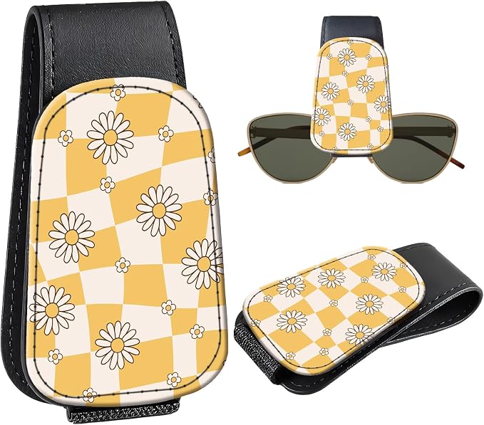 Leather Magnetic Sunglass Holder for Car Sun Visor, Cute Eyeglass Ticket Card Hanger Clip, Universal Auto Interior Accessories for SUV Pickup Truck, Daisy Plaid by Unknown