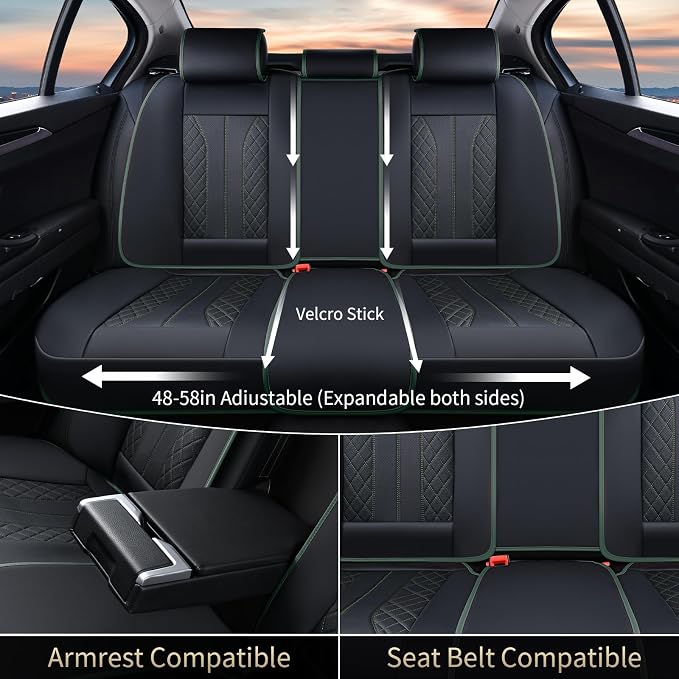 FLORICH Leather Seat Covers Full Set Automotive Car Seat Cover Front and Back Waterproof Auto Seat Covers Full Coverage Car Seat Protector Cushion Universal Fit for Most Cars SUV Trucks, Black&Green - Image 4