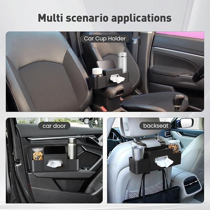 2 Pack Back Seat Car Organizers with Tissue Box and Cup Holders, Balck | Each organizer combines tissue storage, 2 cup holders, phone pocket and hooks to keep rear-seat essentials organized. - Image 7