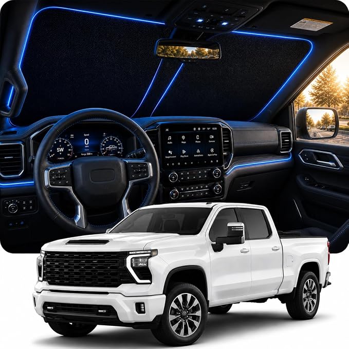[2026 Upgraded] DooGooCoo Windshield Sun Shade for Chevy Silverado 2019-2025 2026 [Cooling Ice-Crystal, 100% Sun Block] Sunshade for Car Windshield, Truck Silverado Sun Shade, Custom for Silverado. by DooGooCoo