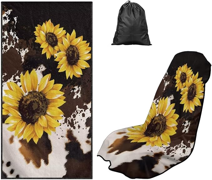 Sunflower Brown Cow Car Seat Cover Sweat Auto Seat Towel Cover for Front Seat Only with Storage Bag Sunflowers Cow Print Car Interior Accessories for Yoga Swimming Hiking Universal Towels by YMPUDXFI