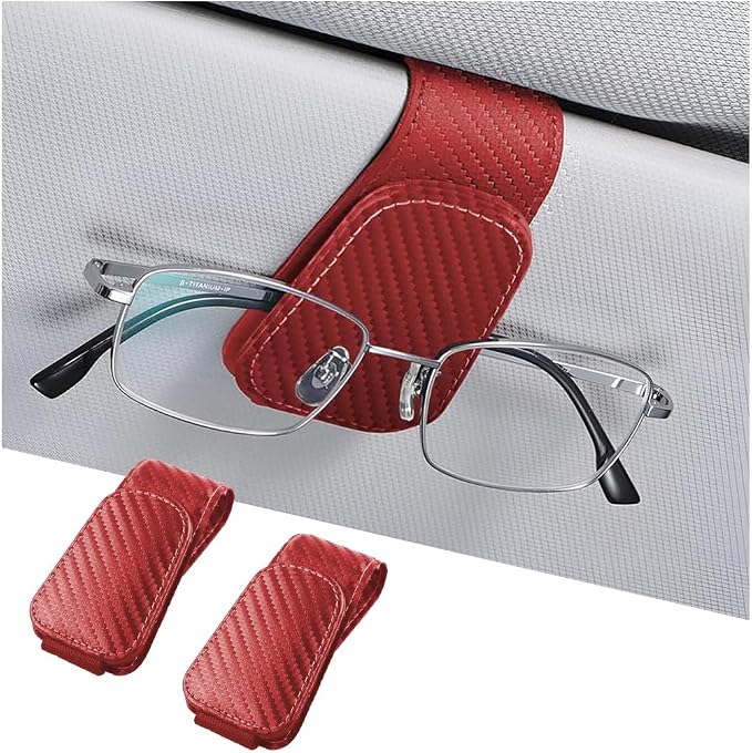 AICEL 2PCS Sunglasses Holders for Car Sun Visor, Carbon Fiber, Red | Leather Eyeglasses Hanger Mounter, Magnetic Glasses Holder and Ticket Card Clip, Car Accessories, Universal Fit by AICEL