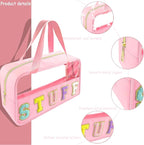 Chenille Letter Clear Makeup Bag Stuff Patch, Travel Toiletry Makeup Bag with Handle, Nylon Waterproof Makeup Bags clear cosmetic bag, preppy patch makeup bag for Women (STUFF-Pink) - Image 3