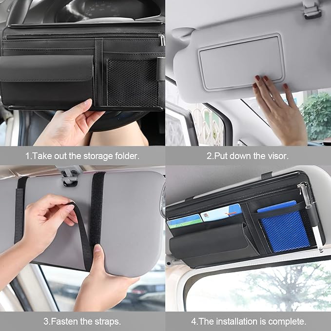 Zipelo 12.2 x 6.5 Inch PU Leather Car Sun Visor Organizer, Black | ABS backing, mesh and zipper pockets, holds cards glasses pens and cables, dual elastic strap mounting, fits most sunshades - Image 5