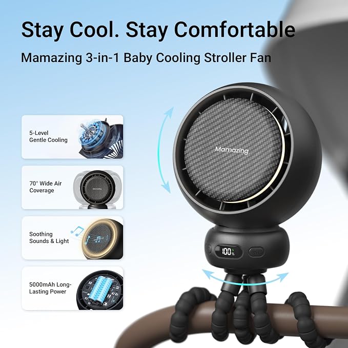 MAMAZING Portable Stroller Fan for Cooling, 70° Auto Oscillation, 5000mAh | 5 Speeds with Natural Wind Mode, USB-C Rechargeable, LED Display, 7 Soothing Songs & Night Light for Car, Crib, Outdoor Use - Image 2
