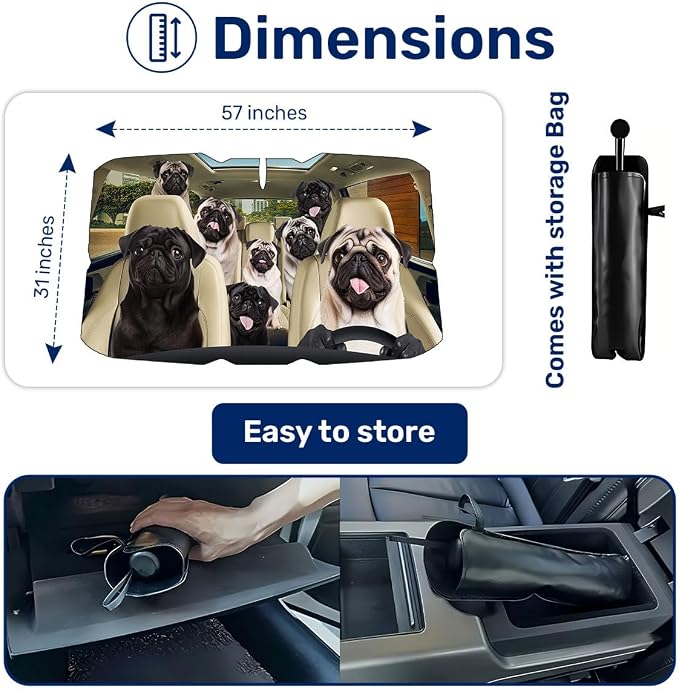 GENANY Cute Pug Dog Umbrella Sunshade for Car Windshield (57x31 Inches) | 360°Rotation Bendable Handle, Foldable Car Windshield Sunshade Umbrella for SUV Truck, Protector Blocks UV - Image 2