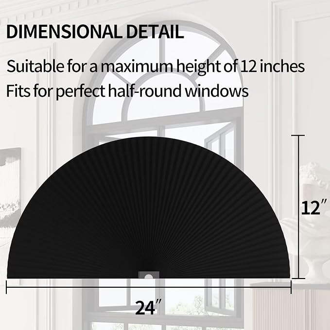 Myshade Arch Window Shades Half Circle Blackout Cellular Shades Cordless No Drill Blinds for Windows Half Moon Honeycomb Fabric No Tools Room Darkening Shades Easy Install (1PCS Black 24" W X 12" H) - Image 3