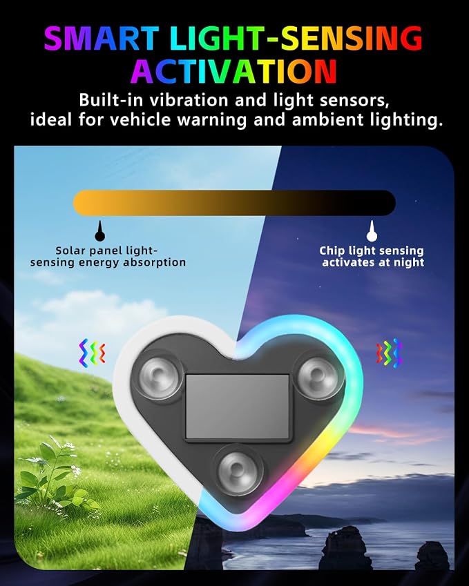 2PCS Car LED Ambient Lights, Car Triangle Window Solar-Powered Heart Shaped Atmosphere Light with 8 Switchable Lighting Modes, Rechargeable Romantic Neon Heart Light for Interior Car(Colorful) - Image 4
