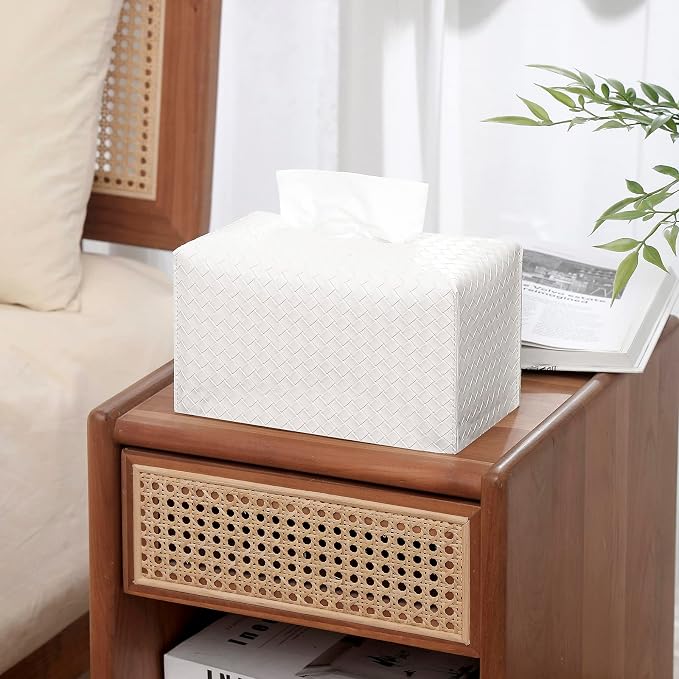 Tissue Box Cover Rectangle Leather Facial Paper Holder, White | PU Leather，Easy to Fill, Easy Clean, Decorative Cube Tissue Box Holder for Office, Bathroom,Kitchen, Living room, Guest room - Image 3