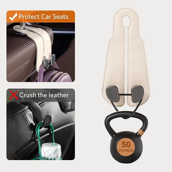 CoBak Purse Hook for Car - Universal Premium Stitched Leather and Aluminum-Magnesium Alloy Double Car Seat Back Storage Hook for Purses, Handbags, Bags (2 Pack),Beige - Image 4