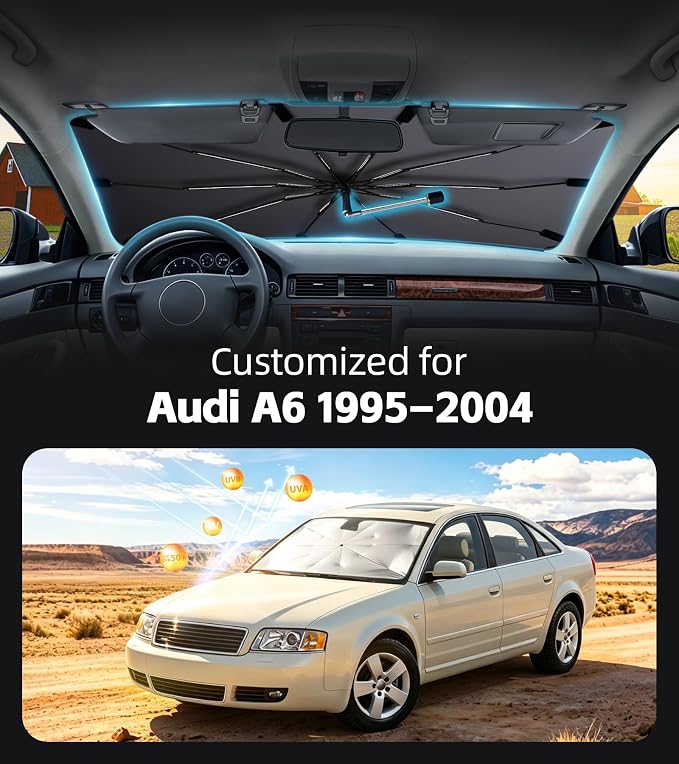 Windshield Sun Shade for Audi A6 1995-2004 with 360° Rotating Shaft | Custom Fit Umbrella Sunshade for UV Blocking, Interior Heat Protection, Easy Storage, UPF 50+ Cool Windshield Cover - Image 2