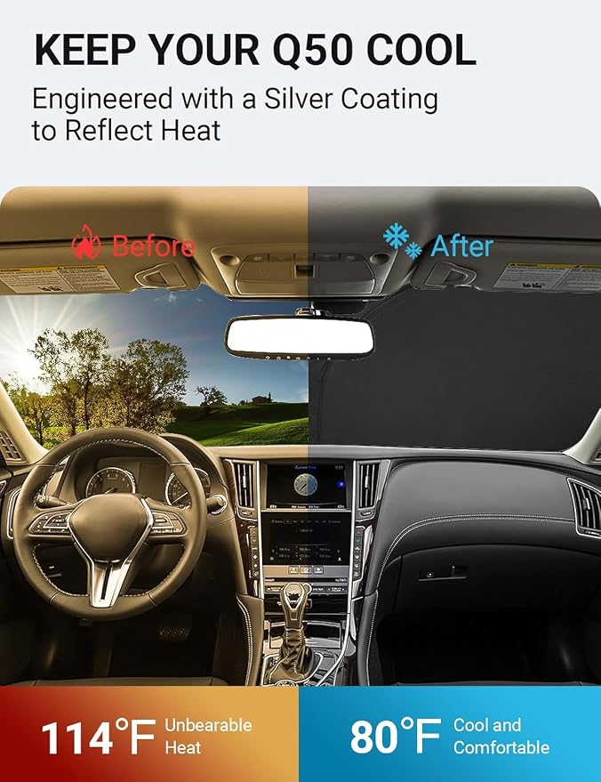 Proadsy Custom Fit 2014-2024 Infiniti Q50 Windshield Sun Shade, Blocks Heat | 240T Heat Shield, Drops Temp 54°F, Blocks 99% UV, Prevents Dashboard Cracking, Summer Parking & Beach Trips, Easy Twist-Fold - Image 3