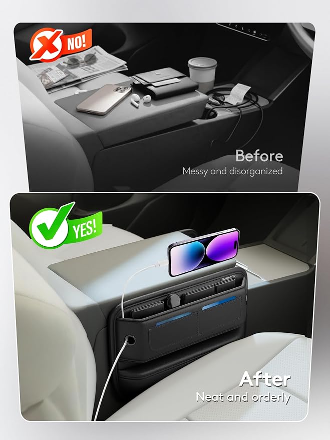 2 Pack Car Seat Gap Filler Organizer with Sun Visor Organizer | PU Leather Seat Gap Filler for Phone, Keys, Cards & Sunglasses, Front Seat Storage Side Pocket for Cars SUVs Trucks - Image 4
