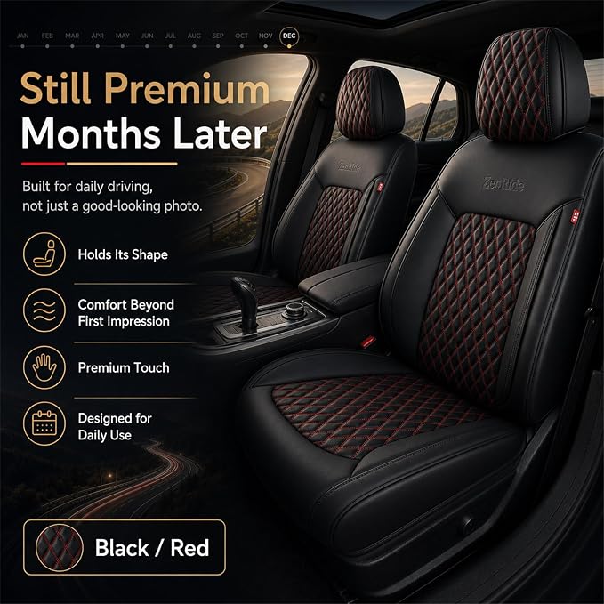 Red and Black Thick Nappa Leather Automotive Car Seat Covers Full Set | Univerasal Fit,3D Contoured,Waterproof,ThickTexture Nappa Leather,for most Suvs Trucks Sedans - Image 7