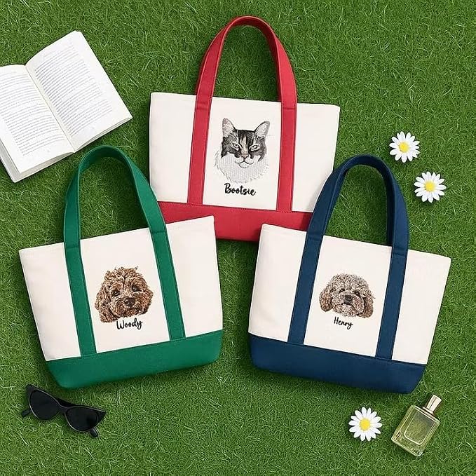 Personalized Custom Embroidered Pet Portrait Tote Bag - Dog Cat Mom Gift with Name, Large Canvas Shoulder Tote for Women, Reusable Shopping & Daily Use Tote Bag - Image 4