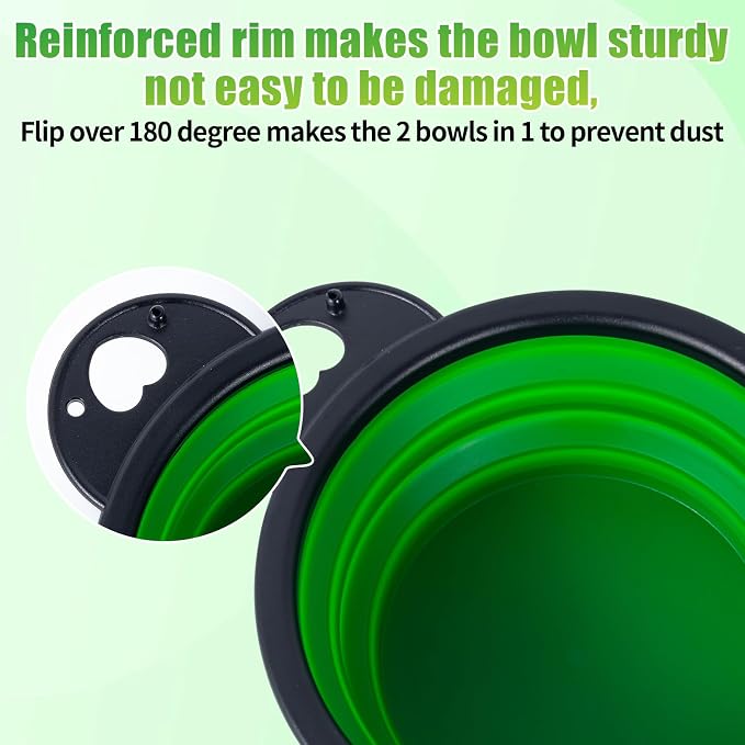 SLSON Collapsible Dog Dual Bowls Reinforced Rim 180 Degrees Flip Over Foldable Double Bowl with Lock Clips More Stable Dog Travel Bowls Pet Food Water Feeder (Green) - Image 4