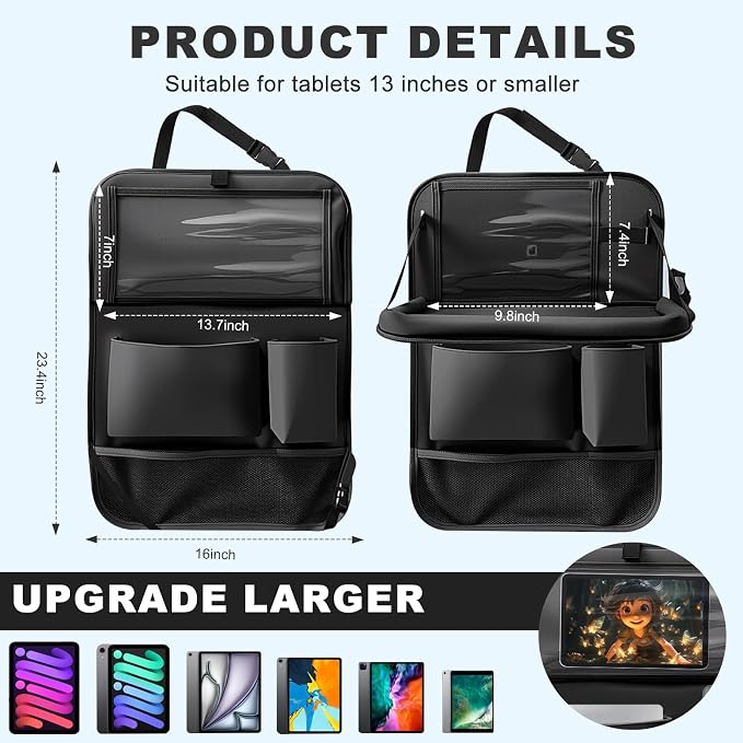 Car Backseat Organizer with Tablet Holder,6 Storage Pockets Car Storage Organizer with Foldable Food Tray,Kick Mats Backseat Protector Travel Accessories (Black) - Image 6