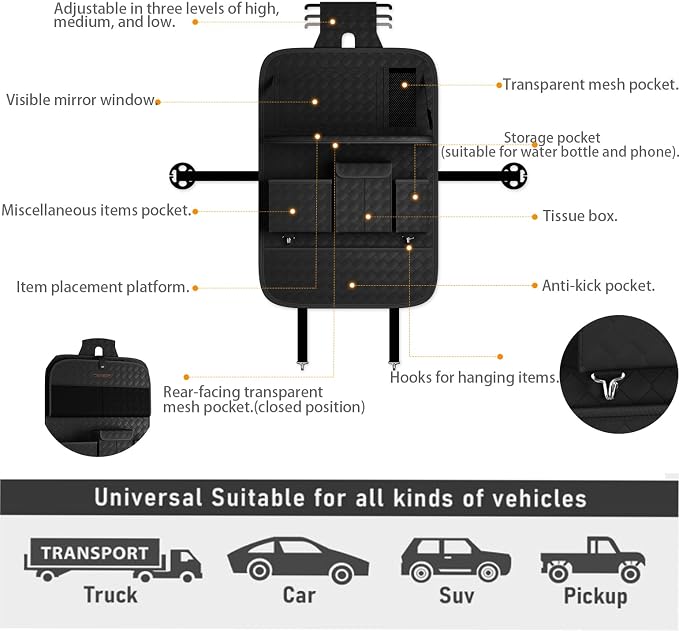 XDV Car Seat Organizers,Multi-functional Back Seat Protectors, Storage Pouches, and Tray Holders (for Cars, Kids, Seat Back and Rear Seats) (Woven Black, 1 Pcs) - Image 8