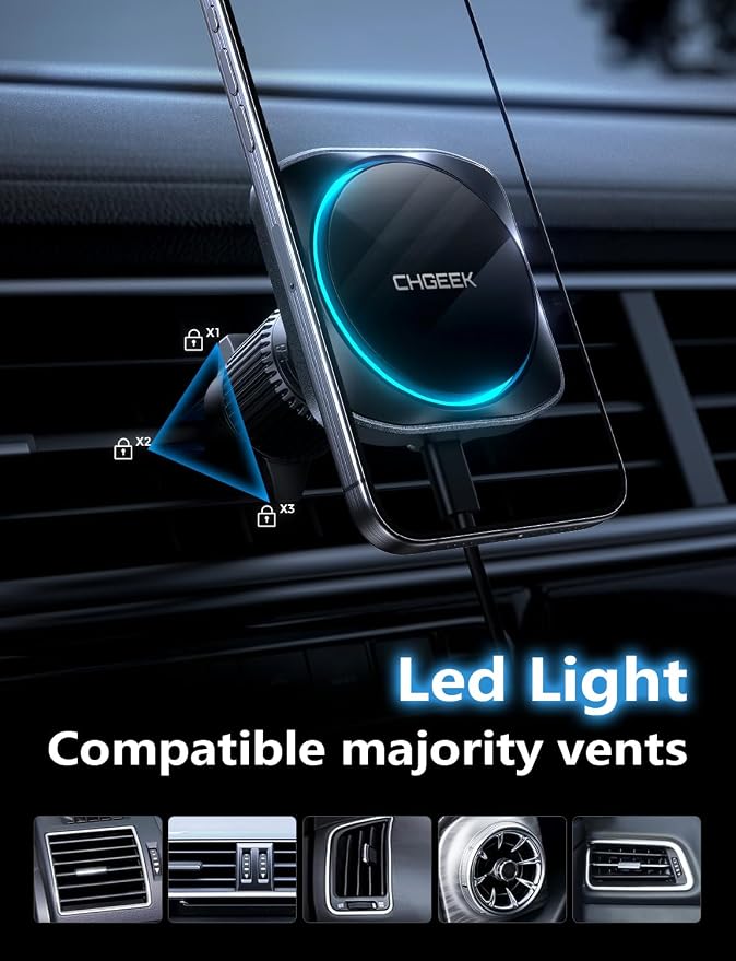 Chgeek for MagSafe Car Mount Charger[15W Fast Charging & 2400gf Magnetic] | 360°Adjustable Car Phone Holder With Cooling Fan, Magnetic Wireless Car Charger for iPhone 17 16 15 14 13 12 Pro Max Plus - Image 3