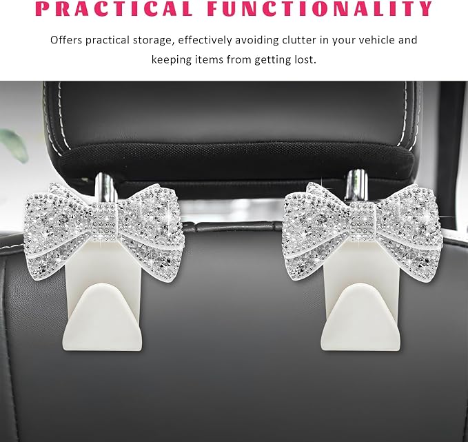 2 PCS Bling Car Headreat Hook, Crystal Rhinestone Bow Hanger Multifunctional Rear Seats Storage Organizer, Vehicle Sparkling Diamond Seat Headrest Hooks for Handbag Purse Coat (White) - Image 6