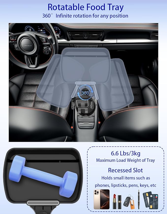 Car Cup Holder Tray - 5 in 1 Adjustable Car Cup Holder Expander with Food Tray Table and Phone Mount for All Purpose, Automotive Essentials for Driver and Front Passenger - Image 6