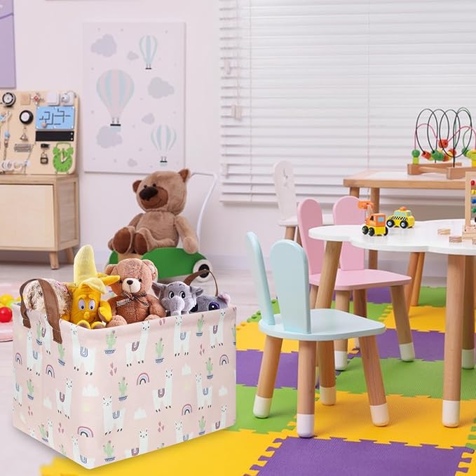 FXOLCSHE Rectangular Pink Alpaca Basket,Collapsible waterproof nursery laundry basket,Toy nursery, kids clothes gift basket with handles,Kids Room Decor(Alpaca) - Image 5