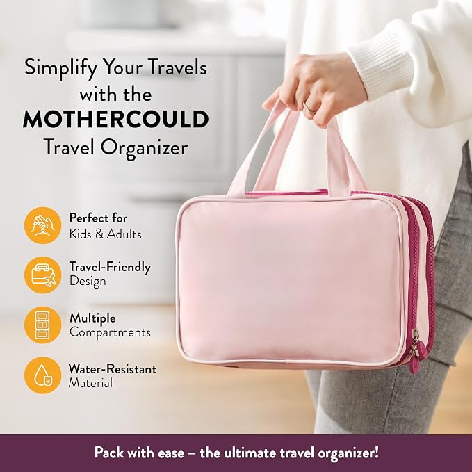Kids Travel Organizer – Multi-Compartment, Water-Resistant Hanging Bag for Toys, Snacks, & Activities - Compact, Lightweight Design with Hook & Carry Handle - Perfect for Travel Use (Pink, Small) - Image 2