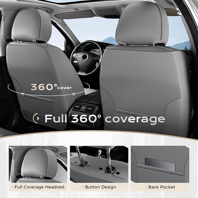 Coverado Car Seat Covers Full Set 5 pieces, Luxury Nappa Leather Seat Covers Universal Fit Waterproof Non-Slip Breathable Front & Back Automotive Seat Protectors for Cars, SUVs, Trucks - Image 7