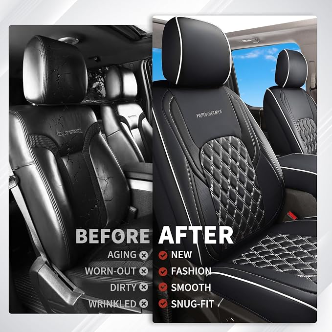 Huidasource Car Seat Covers Fit for Truck Chevy Chevrolet Silverado GMC Sierra 1500 2007-2026, 2500HD 3500HD 2015-2026 Crew Double Extended Cab, Leather Seat Accessories (Front Pair/Black&White) - Image 9