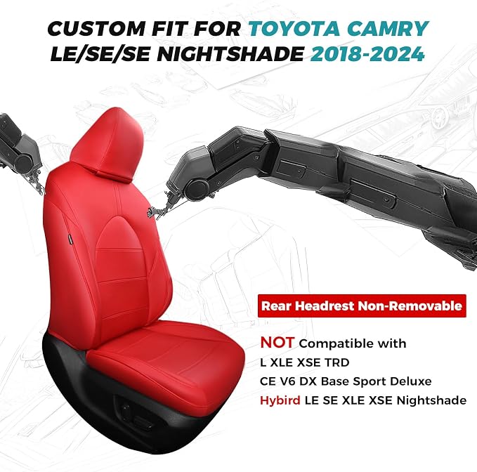 Custom Seat Covers for Toyota Camry 2018-2024, Red | Only Fit for Camry LE/SE/SE Nightshade 2018-2024, Not for Hybrid, Full Coverage, Faux Leather, Scratch-resistant, Easy-clean - Image 2
