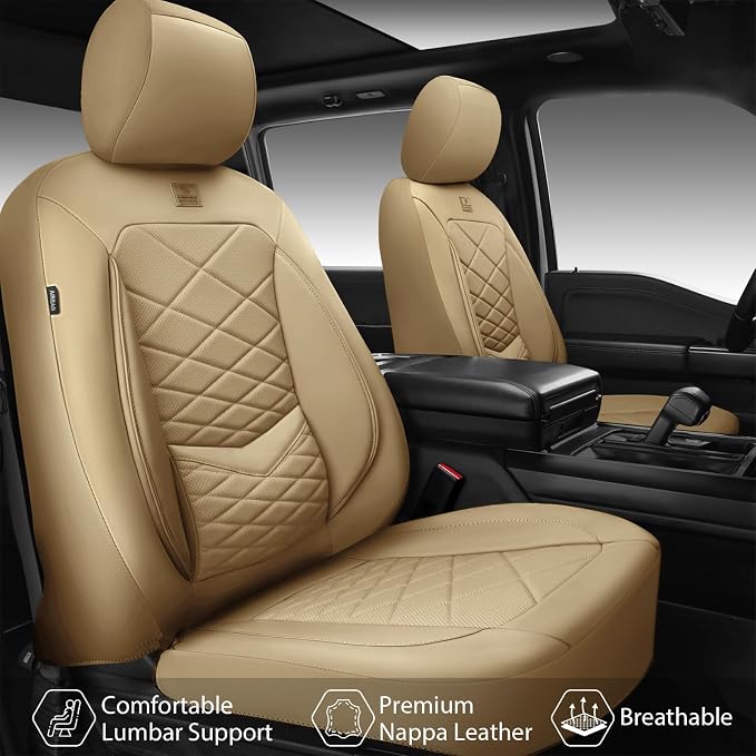 CAR PASS Luxury Nappa Leather Seat Covers Full Set, Water Resistant Faux Leather Seat Cover with Lumbar Support, Breathable Automotive Seat Covers Universal Fit for Sedan SUV Van Truck, Pure Beige - Image 2