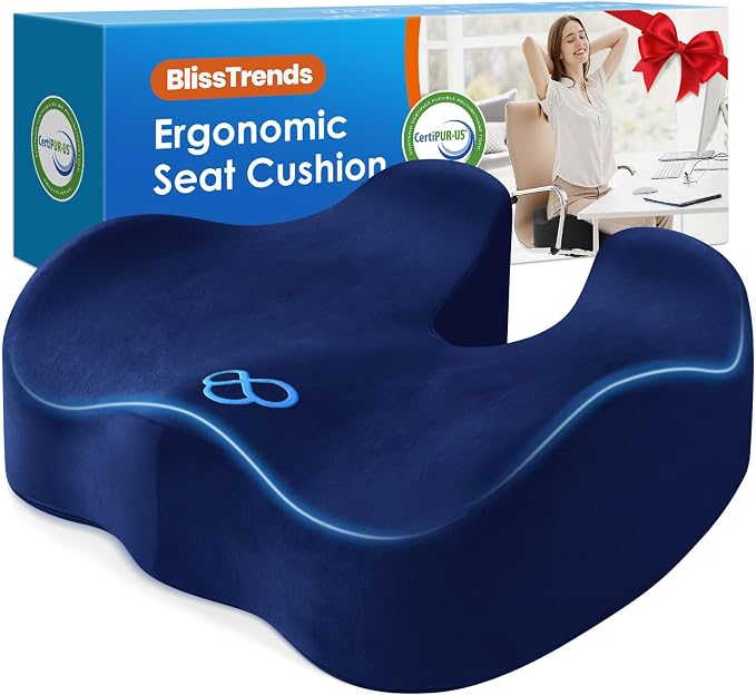BlissTrends Memory Foam Seat Cushion for Office Chair & Car Seat, Blue | Ergonomic Tailbone & Sciatica Support with Removable Velvet Cover for Pressure Relief and Long Sitting Comfort, 3.3" Thick by BlissTrends