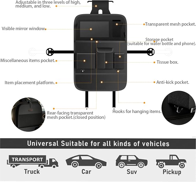 XDV Car Seat Organizers,Multi-functional Back Seat Protectors, Storage Pouches, and Tray Holders (for Cars, Kids, Seat Back and Rear Seats) (Plain Black, 1 Pcs) - Image 8