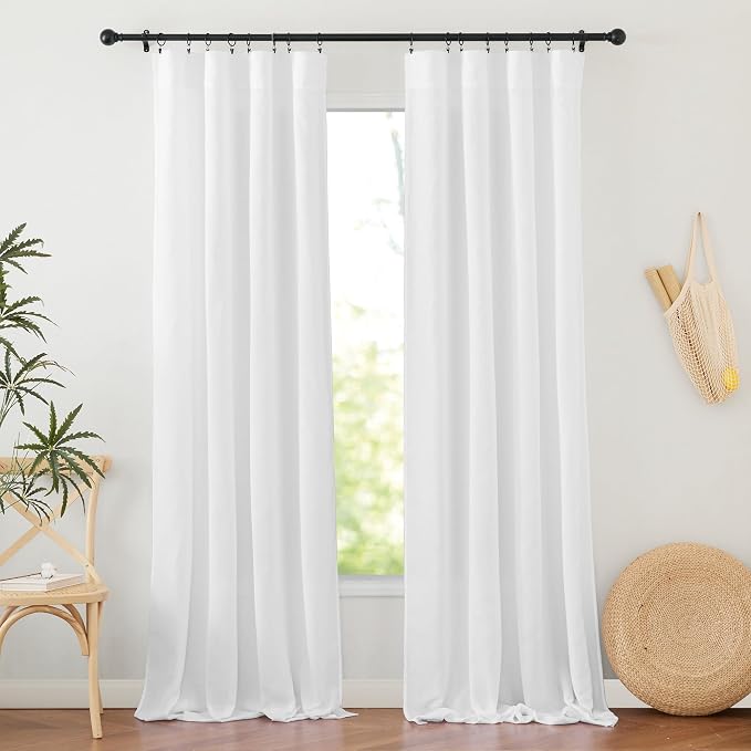 RYB HOME Linen Sheer Curtains 2 Panels for Living Room, Semi Transparent Privacy Drapes with Rod Pocket Farmhouse Style Window Treatments for Bedroom, White, 52" W x 108" L by RYBHOME