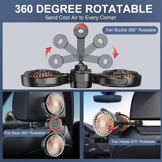 Dealswin Rechargeable Car Fan for Back Seat, Battery and USB Dual Power Car Fans for Baby Kids, Powerful 3 Speeds 360° Rotatable Dual Head Cooling Car Seat Fan - Image 3