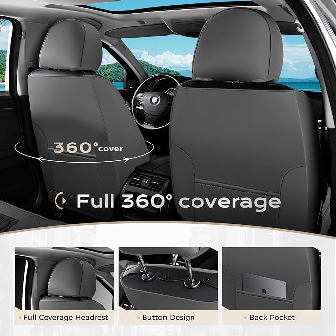 Coverado Universal Car Seat Covers Full Set, Minimalist Scratch-Resistant Waterproof Faux Leather Front & Rear Seat Protectors, Business Daily Driving – GrayBlack - Image 3