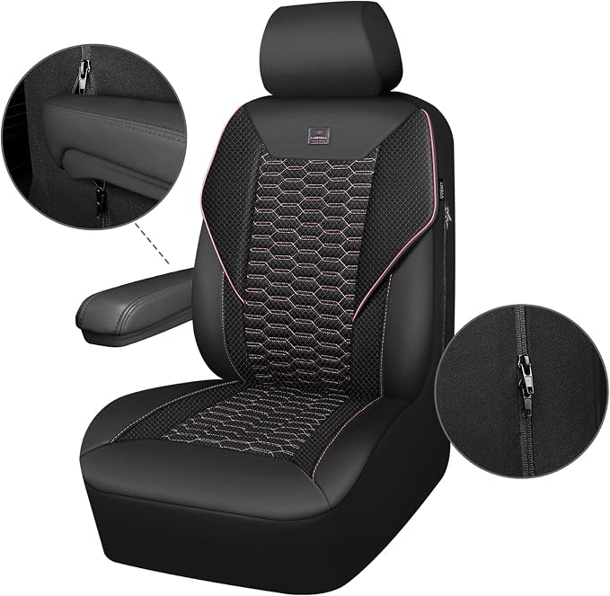CAR PASS 3D Foam Mesh Leather Car Seat Covers Front Seats,Breathable Mesh Front Seat Covers for Women,Universal Fit for Cars SUV Truck Sedan Van Automotive, Armrest Airbag Compatible,Black and Pink - Image 8