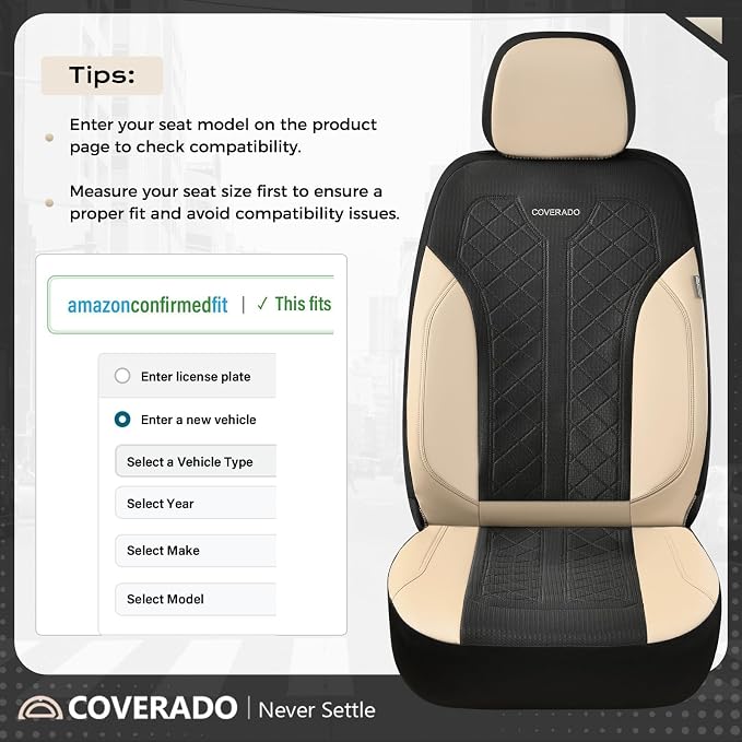 Coverado Seat Covers Full Set, Beige Car Seat Covers, PU Leather & Breathable Mesh Seat Protectors, 5-Piece Automotive Seat Covers, Universal Fit for SUVs, Trucks, Sedans - Image 3