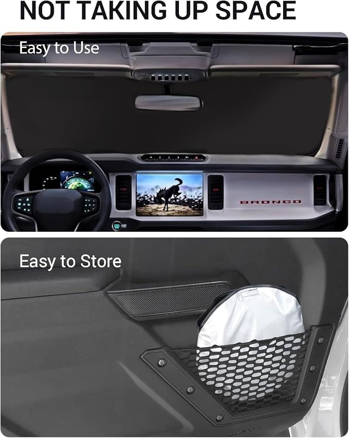 Proadsy Custom Fit 2021-2026 Ford Bronco Windshield Sun Shade, Blocks Heat | 240T Heat Shield, Drops Temp 54°F, Blocks 99% UV, Prevents Dashboard Cracking, Summer Parking & Beach Trips, Easy Twist-Fold - Image 9