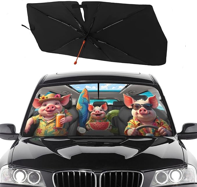 Socira Funny Pig Car Windshield Sunshade Umbrella Foldable Umbrella | Sun Shade Windshield Cover Cute Pig Sunshade Car Accessories Blocks Uv Rays Keeps Cool (57" X 30") by Socira