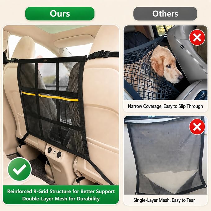 Dog Car Barrier for SUV, Truck & Sedan, Safer Driving | Double-Layer Car Divider for Dogs with Mesh Organizer, Car net for dogs, Breathable & Easy to Install - Image 3