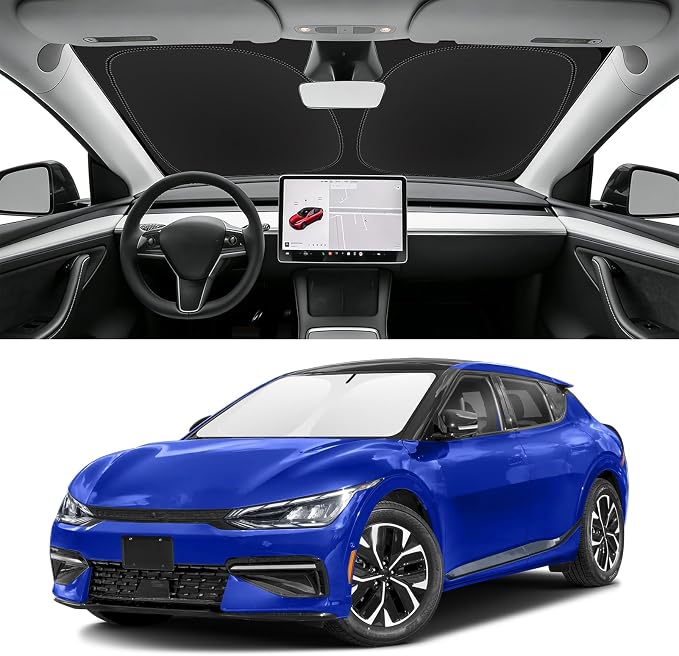 Custom Fit Windshield Sun Shade for Kia EV6 2022-2025 | Blocks UV Rays and Sun Heat, Helps Reduce Interior Temperature, Protects Dashboard from Fading, Folds Easily for Storage by SLOGENTO