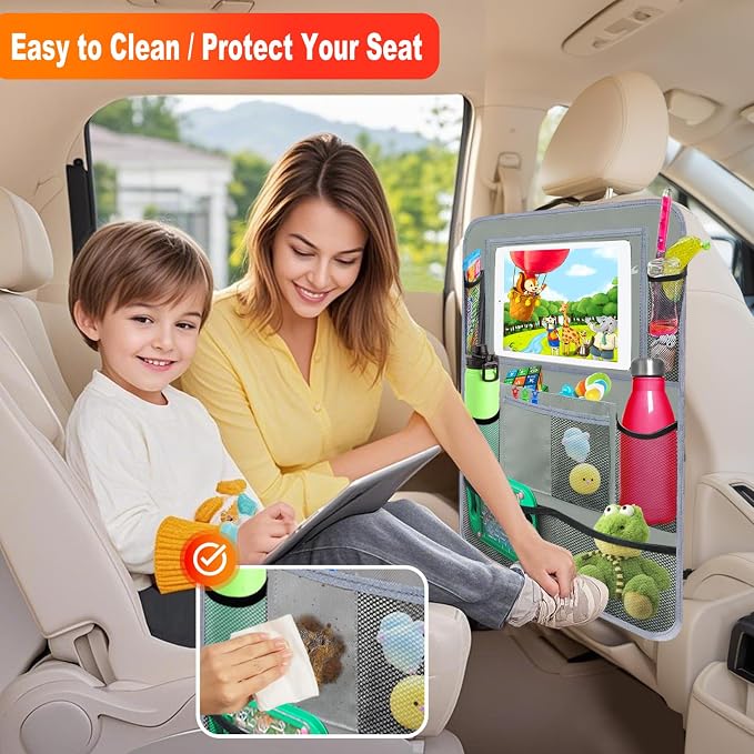 Car Backseat Organizer ，2 Pack Car Organizer Back Seat with 11" Tablet Holder, 10 Storage Pockets Seat Back Protectors Kick Mats for Kids Toddlers, Travel Accessories (Grey) - Image 4