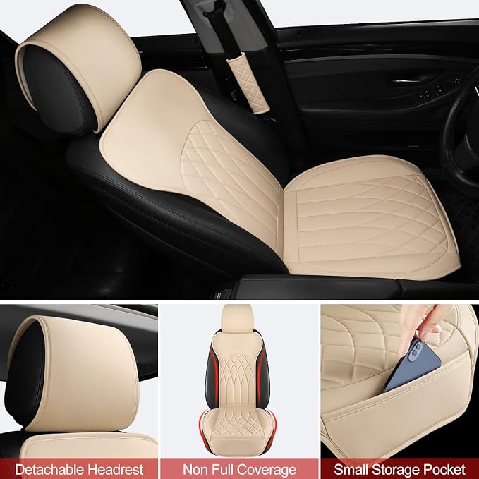 BEITK 1 Pack Waterproof Front Car Seat Cover for Car Truck SUV Beige | PU Leather, Scratch-resistant, Sideless Design, Universal Fit, with Storage Pocket and Seat Belt Pad, Easy to Install - Image 4