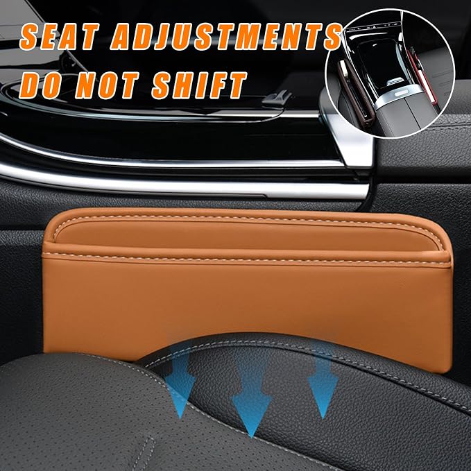 Ziciner Car Seat Gap Organizer, Premium Leather Auto Seat Storage Box, Vehicle Adjustable Front Seat Gap Filler, Car Seat Side Pocket Organizer for Phones, Glasses, Keys, Money, Cards (Khaki) - Image 6