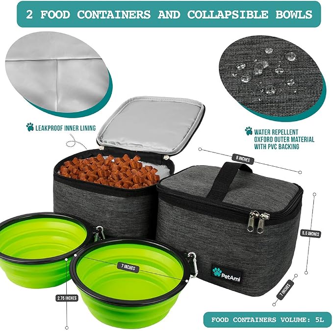 PetAmi Dog Travel Bag Organizer, Pet Supplies Diaper Tote, Dark Gray Large | Pet Travel Kit with 2 Food Containers & 2 Collapsible Dog Bowls, Luggage Sleeve, Weekend Getaway Road Trip Camping Essentials - Image 3