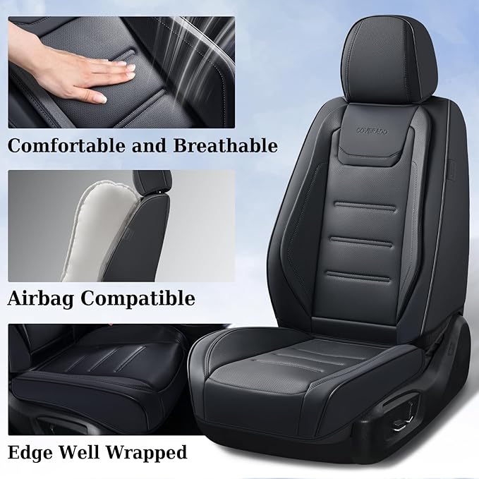 Coverado Car Seat Covers Full Set, Seat Covers for Cars, Car Seat Protector Waterproof, Leather Car Seat Cushion, Universal Interior Covers Seat Protectors for Most Cars Black - Image 2