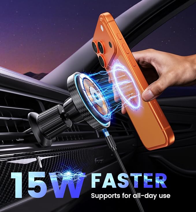 Magnetic Car Charger Mount 15W for iPhone 17-12 Pro Max | N52 Strong Magnets, 360° Rotation, Dashboard & Vent Mount, Compatible with Magnetic Cases, Gift for Men, Black - Image 4