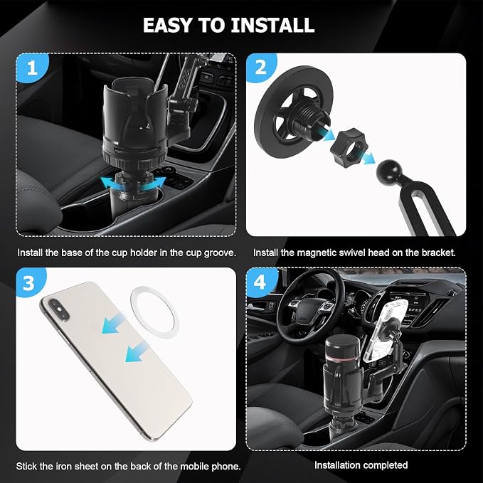 Frani Car Cup Holder Expander with Magnetic Phone Mount | Adjustable Insert Fits 2.68-4.33" Holders, 360° Adjustable Neck, Strong N52 Magnets, iPhone Samsung Compatible - Image 6